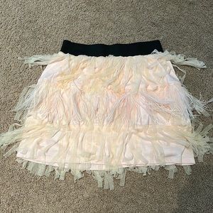 See You Monday multilayer feather and fringe blush pink mini skirt